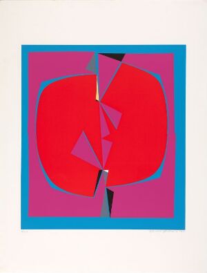  "Komposisjon" by Gunnar S. Gundersen, a color serigraphy artwork on paper featuring a large red geometric figure composed of triangles and polygons against a dual-toned blue square background with hints of white and black.