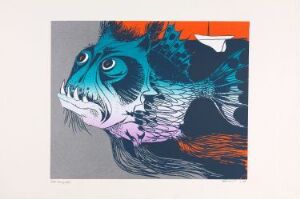  "Fisk," a colorful screen print on paper by Gunnar S. Gundersen, depicting an abstract geometric fish in turquoise, blue, red, and orange against a light grey background.