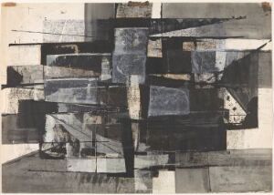  "Komposisjon" - an abstract monotype on paper by Gunnar S. Gundersen with a complex arrangement of black and gray geometric shapes contrasted against white, creating a sense of structured, yet organic movement within the composition.