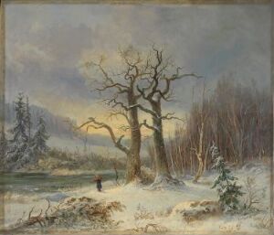  "Vinterlandskap" by Karl XV av Sverige og Norge, oil on canvas, depicting a tranquil winter scene with a large, bare tree with twisted branches on the left, soft pastel sky in the background, a solitary small figure walking through the snow, and a frozen water body reflecting the sky's colors on the right.