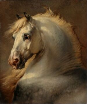  "Head of a Horse" by Eugène Verboeckhoven, an oil painting on canvas, featuring the realistic portrayal of a cream-colored horse's head with a golden mane, looking to its right against a muted brown background.