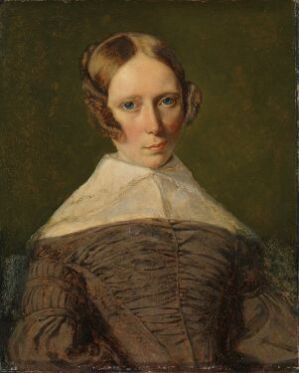  Oil painting titled "Portrait of a Woman" by Christen Købke, depicting a woman with pale skin, light-colored eyes, and light brown hair styled in side buns. She wears a dark brown dress with a white collar, set against a muted green background.