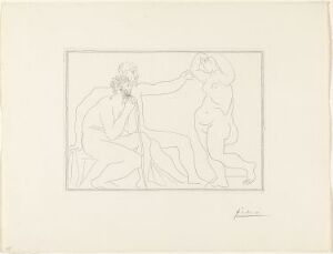  Etching by Pablo Picasso titled "Deux sculpteurs devant une statue," depicting two figures sculpting a standing female form, with fluid, expressive lines creating a minimalist representation on a white paper background, monochromatic with emphasis on the interplay between the sculpture and its creators.