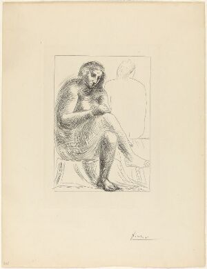  "Au bain" - a monochromatic etching by Pablo Picasso, depicting a contemplative nude female figure seated with her head resting on her hand, executed in a style that combines fluid and angular lines against an off-white paper background.