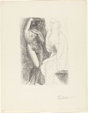  "Naken kvinne foran statue" by Pablo Picasso, a fine art etching on paper, depicts a muscular male statue in dense dot shading, contrasted with a lightly stippled, ethereal naked woman, in grayscale pointillism.