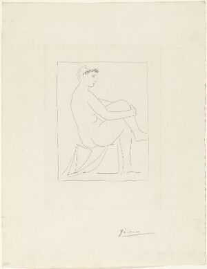  A minimalist line etching titled "Femme nue couronnée de fleurs, aux jambes croisées" by Pablo Picasso, depicting a seated figure with crossed legs, rendered in simple, fluid lines against a pale background, framed by a rectangular border—the artist's signature at the bottom.