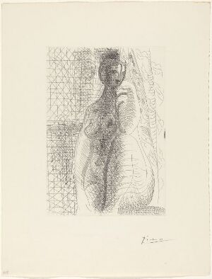  "Femme nue à la jambe pliée" by Pablo Picasso, an etching of a nude female figure on paper, showcasing monochromatic shades and abstract patterns, with Picasso's signature on the bottom right.