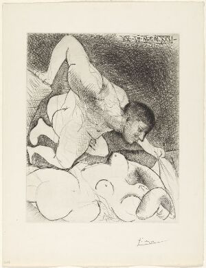  A black and white etching titled "Homme dévoilant une femme" by Pablo Picasso, showing a male figure unveiling a reclining female figure in a delicate interplay of light and shadow, executed with fine lines and dynamic hatching.