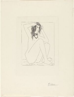  "Femme nue se couronnant de fleurs" - a line etching by Pablo Picasso on paper, showing a thoughtful nude woman with flowing hair sitting down, placing a crown of flowers upon her head. The artwork is defined by sparse yet expressive lines, executed in black on cream paper, and is signed by the artist in the bottom right corner.