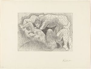  Black and white etching "Le viol" by Pablo Picasso, depicting a chaotic scene with abstract and fragmented human figures in cubist style, conveying a sense of turmoil and aggression on an off-white paper.