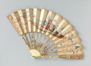  An antique-style folding fan with a cream-colored background featuring colorful and detailed scenes separated by narrow decorative stripes. The elegant ribs of the fan are visible and display a golden or brass-like finish.