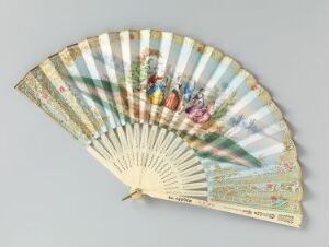  An expanded decorative handheld fan with alternating light-beige and white radial stripes, featuring a colorful central illustration of figures in historical attire amidst a green outdoor scene, accentuated with gold lace-like detailing near the bottom.