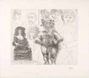  Black and white etching titled "Sexe à l'ancienne et à la moderne" by Pablo Picasso featuring central satyr-like figure surrounded by various character sketches, including a dignified woman to the left, rendered in monochrome with expressive lines and cross-hatching.