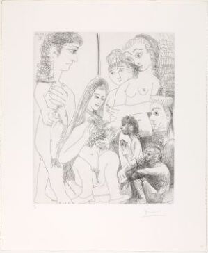  Black and white etching by Pablo Picasso titled "Vieil homme songeant à la peinture ancienne: Vierge à l'oiseau avec petit Saint Jean, personnage au poisson et jeunes filles," depicting several figures in light sketchy lines on a plain white background, illustrating an intimate and informal grouping with classical undertones.