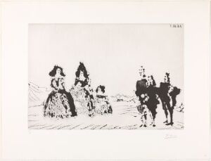  An impressionistic fine art print by Pablo Picasso on paper, featuring undefined figures of two women in full skirts to the left, and three mounted figures, possibly soldiers, to the right. The art has minimal background detail and uses contrasting dark ink lines against the white paper to suggest movement and historical attire.