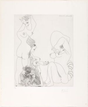  A monochromatic etching "Vieil homme avec magicien évoquant trois odalisques" by Pablo Picasso, depicting an abstract scene with stylized figures—an old man seated in contemplation, a lively magician, and three distinct odalisque women accentuated by expressive lines on a white background.