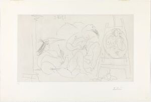  A monochrome etching titled "Raphaël et la Fornarina. VI: Enfin seuls!" by Pablo Picasso, depicting two subtly outlined figures in an intimate setting, characterized by fine lines and shades of gray on paper.