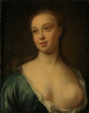  "Woman with Naked Breast" by Peder Als is an oil painting on wood featuring a young woman with bare shoulders and her right breast exposed. She wears a teal-colored, draped garment and gazes directly at the viewer, set against a dark backdrop. The artwork conveys a serene elegance, with the subject exuding a sense of calm confidence.