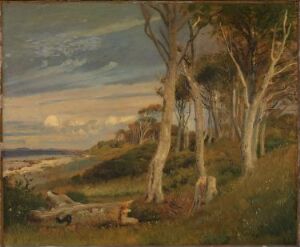  "The Slopes of Asnæs Dyrehave," a tranquil landscape painting by Johan Thomas Lundbye, displaying slender trees in the foreground, a gentle slope leading to the sea, and a softly lit sky with clouds above.