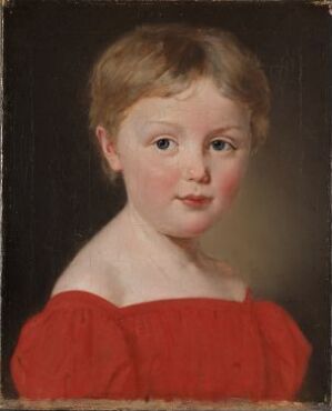  "Portrett av Michaela Aagaard," an oil on canvas painting by Christian Albrecht Jensen, featuring a young child with light brown hair and rosy cheeks in a red off-the-shoulder top, set against a dark background.