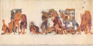  Oil on canvas painting by Sigurd Winge titled "Forarbeid til dekorasjon i Oslo Handelsgymnasium," depicting an elongated, frieze-like arrangement of human and horse figures in earthy tones against a light canvas background. The figures, rendered in various shades of brown, tan, maroon, and with an accent of purple, are involved in different activities, hinting at themes of commerce, diligence, and authority.