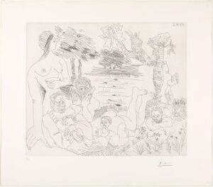  Black and white drypoint etching titled "Scène pastorale poussinesque sur le thème de Pan et Syrinx" by Galerie Louise Leiris, portraying a mythical pastoral scene with a large central figure possibly representing Pan, surrounded by a multitude of smaller figures amidst a natural landscape with trees and water features.