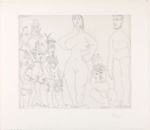  A monochromatic etching titled "Vénus et l'Amour, dans le style du XVI siécle" by Pablo Picasso, depicting a scene with classical figures, including a central nude female figure, recognized as Venus, accompanied by Cupid, surrounded by a group of other figures either engaged or observing, all rendered in fine lines against the white background of the paper.
