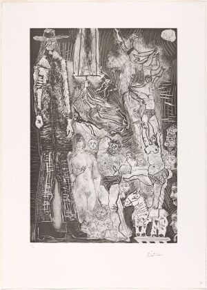  Monochrome etching by Pablo Picasso titled "Souvenirs: Cirque, avec El Gigante, et autoportrait en bébé-vieillard" featuring a complex arrangement of grayscale abstract forms that may suggest elements relating to a circus, a giant figure, and a self-portrait interwoven in a dynamic composition.