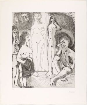  A monochromatic etching by Pablo Picasso titled "Jeune garçon rêvant: Les femmes!" shows a contemplative boy seated on the ground to the left, surrounded by three stylized female figures standing to the right, with two faint male observers in the background, all rendered in black lines on paper.