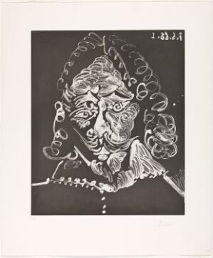  "Portrait de 'mousquetaire' triste" by Pablo Picasso - Black and white aquatint print showing an abstract depiction of a musketeer with ruffled collar and elaborate hat, characterized by swirling lines and a contemplative expression.