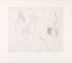  A black and white etching titled "Raphaël et la Fornarina. V: Avec voyeur écartant le rideau" by Pablo Picasso, featuring two nude figures engaged in an intimate pose to the left, and a third figure peering at them from the right behind a curtain. The artwork is rendered in a sketch-like style with minimalist detail and strong emphasis on curved lines and exaggerated forms.