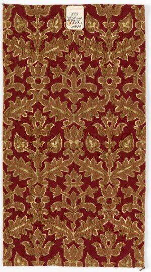  A patterned design with a maroon background and gold floral motifs, suggestive of luxurious textile or wallpaper.