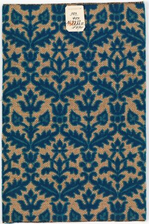  An ornate golden tan pattern featuring botanical motifs on a navy blue textile background, exuding a sense of traditional elegance and sophistication.