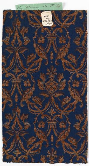  A detailed image of an ornate, symmetrical floral and vegetal design pattern in golden brown on a deep blue background, possibly a textile or wallpaper sample, with no discernible title, artist, or technique identified.