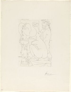  "Sculpteur, modèle, sculpture et poisson rouge" by Pablo Picasso, a black and white etching depicting a sculptor at work with a seated model, a work-in-progress sculpture and a goldfish in a bowl, showcasing Picasso's signature linear style on paper.