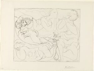  "Flûtiste et trois femmes nues" by Pablo Picasso, a drypoint on paper depicting three curvaceous nude women in repose intertwined with each other and a central figure of a flutist playing his instrument. The artwork is expressed in bold and delicate lines that convey form and movement on a cream-colored paper background.