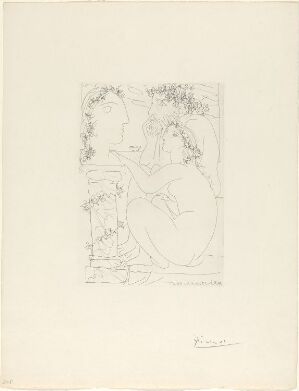  Etching by Pablo Picasso titled "Sculpteur avec son modèle et sa sculpture," featuring abstract line art of a sculptor with a model and a sculpture on white paper, using black ink that explores the dynamics of creation.