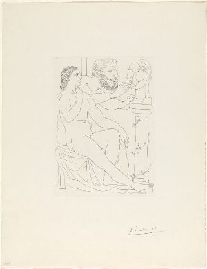  "Modèle et sculpteur avec sa sculpture," an etching by Pablo Picasso on paper, showcasing an artist and his model beside the sculpture he's crafting. The monochromatic artwork employs clean, precise lines to delineate the forms and convey the tranquil setting of the scene.