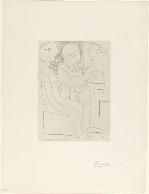  "Vieux sculpter au travail I," a line etching on paper by Pablo Picasso, depicting an elderly sculptor working on a small statue, with a young female figure depicted faintly to the left. The artwork features monochromatic lines of varying thickness on a plain paper background, conveying a sense of focus and artistic creation.