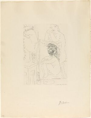  "Modèle, tableau et sculpture" by Pablo Picasso, a fine art etching on paper featuring a seated model on the left, a framed artwork depicted within the piece in the middle, and a sculpture on the right, all rendered in delicate black lines on a beige paper background, showcasing Picasso's signature style.