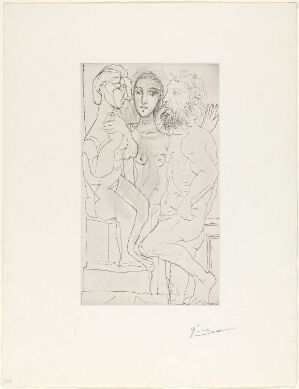  "Sculpteur, modèle et sculpture: femme assise", a drypoint on paper artwork by Pablo Picasso, showing a monochromatic sketch of a sculptor working on a seated woman's sculpture, with both the model and the sculpture depicted in elegant, flowing lines.