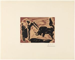  "Banderilles" by Pablo Picasso, a linocut print on paper depicting a stylized bullfighting scene with bold forms and lines, possibly using a limited color palette with warm and dark tones to emphasize the dramatic action of matadors interacting with a bull.