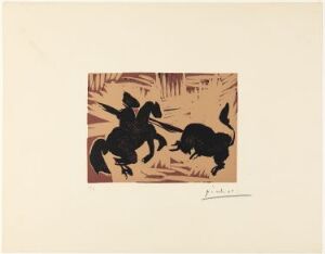  "Pique I" by Pablo Picasso, a color linocut print on paper, capturing a dynamic bullfighting scene in earthy brown and black, showing a mounted bullfighter approaching a fierce bull, with abstract, swirling lines in the background suggesting movement.