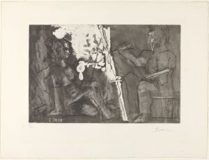  "Peintre à son chevalet, avec une modèle assis" by Pablo Picasso - a monochromatic aquatint and drypoint print on paper depicting an abstract scene with a painter at his easel and a seated model, with expressive lines and varying shades of gray creating a dynamic composition.