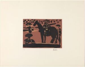  "Picado entrant dans l'arène" by Pablo Picasso, a linocut print featuring abstract figures of a picador on horseback with a lance, in black on a warm brown background, encapsulating the vibrant energy of a bullfighting scene.