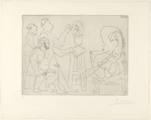  "Dans l'atelier du sculpteur" by Pablo Picasso, a black and white etching on paper featuring abstract and stylized figures in a sculptor's studio. The image is composed of expressive line work and is devoid of color, highlighting the interaction between the figures and the creative atmosphere of the setting.