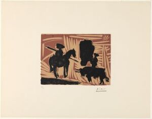  A color linocut print on paper by Pablo Picasso titled "Avant la pique." It features a stylized, dark brown and black depiction of a bullfighter on horseback and a bull positioned for a confrontation against a background of radiating lines, on a natural beige paper. The print conveys a sense of tension and anticipation before a bullfight.