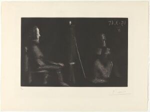  "Peintre au repos avec modèle assis en tailleur" by Pablo Picasso, an aquatint on paper portraying a dimly lit scene with two figures, one being a resting painter on the left and a model sitting cross-legged on the right, all rendered in monochromatic shades.