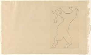  "Chevaux de minuit" by Pablo Picasso, a minimalist copper engraving on paper showcasing an abstract composition with a cream-colored background and a continuous line drawing of a hybrid horse-human figure in a dynamic pose.