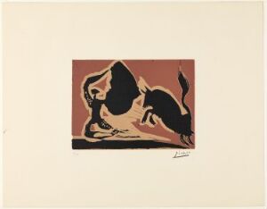  "Farol" by Pablo Picasso, a linocut print on paper showing abstracted bull forms in ochre, black, and white. The imagery is minimalist with organic shapes, presenting a bull’s head and body in a stylized manner using a warm, limited color palette. The print rests on a light-colored background, highlighting its simple yet striking composition.